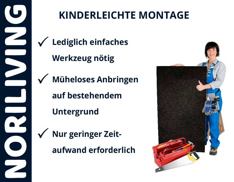 Person zeigt eine Wandplatte mit Werkzeugkasten; einfache Installation mit wenigen Werkzeugen; müheloses Anbringen an bestehender Wand; minimaler Zeitaufwand erforderlich