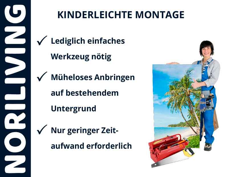 NORILIVING-Werbung mit einer Frau, die ein tropisches Bild hält. Einfache Montage mit minimalem Werkzeugaufwand betont.