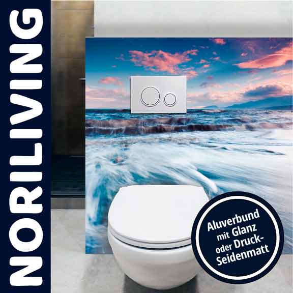 NORILIVING Aluverbundtoilette mit Meerblick-Motiv und Glanz- oder Seidenmatt-Finish Toilette von NORILIVING mit Aluverbundplatte, die ein Meerblick-Motiv zeigt, verfügbar in Glanz oder Druck-Seidenmatt.