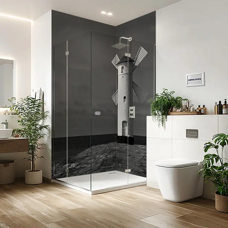 Duschrückwand Aluverbund Leuchtturm Windmühle weiß 360 schwarz-weiß