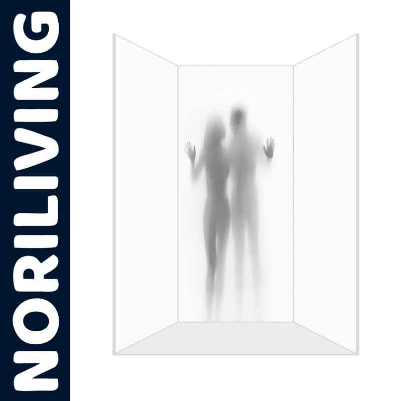 Duschwand mit modernem Design von NORILIVING Zwei Silhouetten von Personen hinter einer dreiteiligen Duschwand von NORILIVING