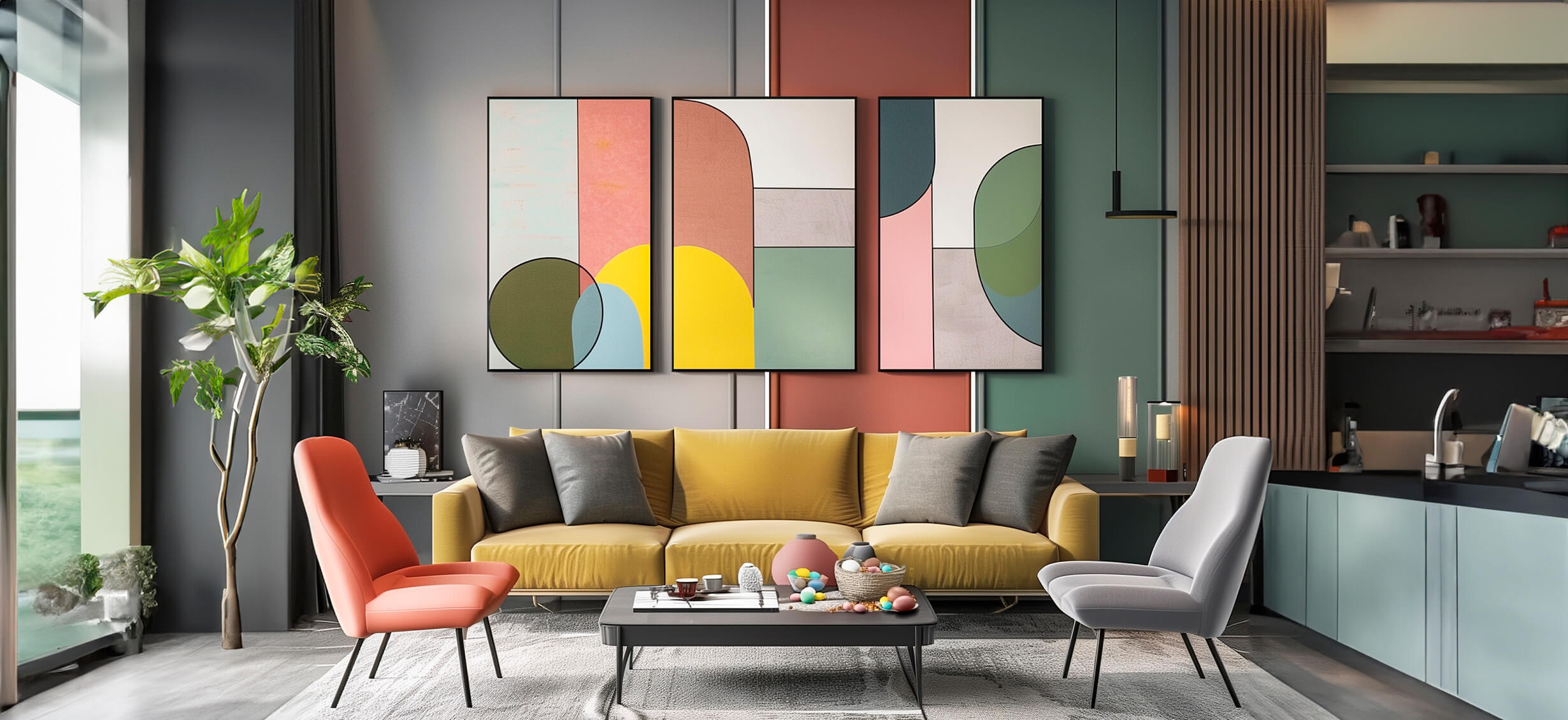 Ein stilvoll eingerichtetes Wohnzimmer mit gelbem Sofa, buntem Wandbild, modernen Sesseln und dekorativen Accessoires.