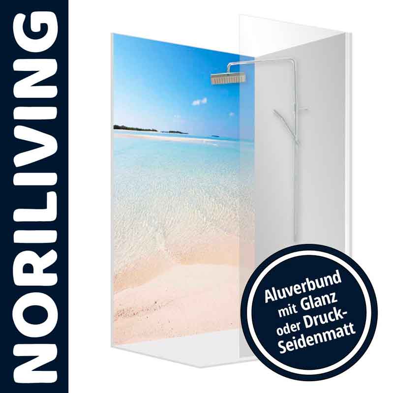 Noriliving Duschwand mit Strandmotiv - Aluverbund, glanz oder druck-seidenmatt Duschwand von Noriliving mit einem Strandbild, Aluverbund mit glanz oder druck-seidenmatt-Optionen