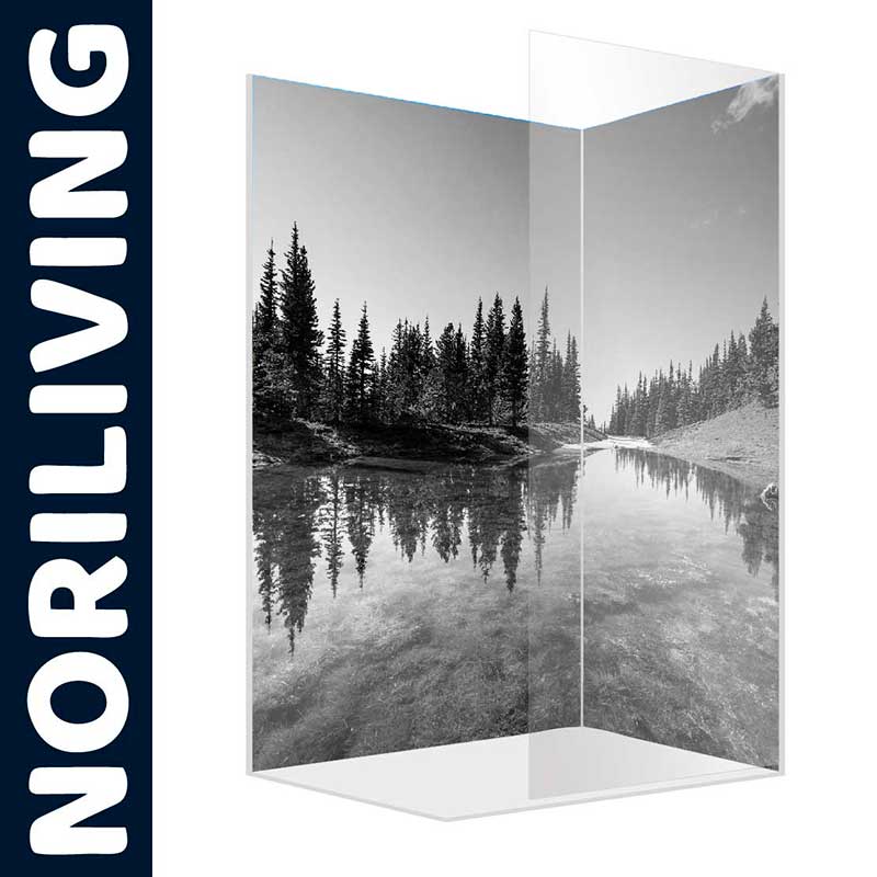 Eckdusche mit Naturmotiv und klaren Glasscheiben Eckdusche mit Landschaftsbild von Noriliving