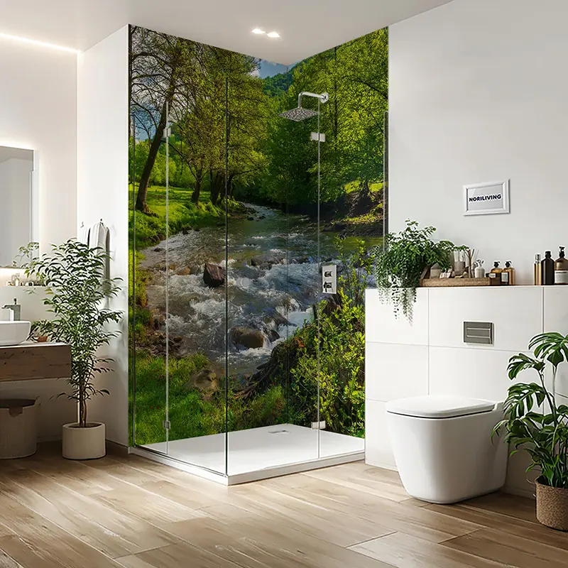 Moderne Dusche mit Naturwandbild und Pflanzen
