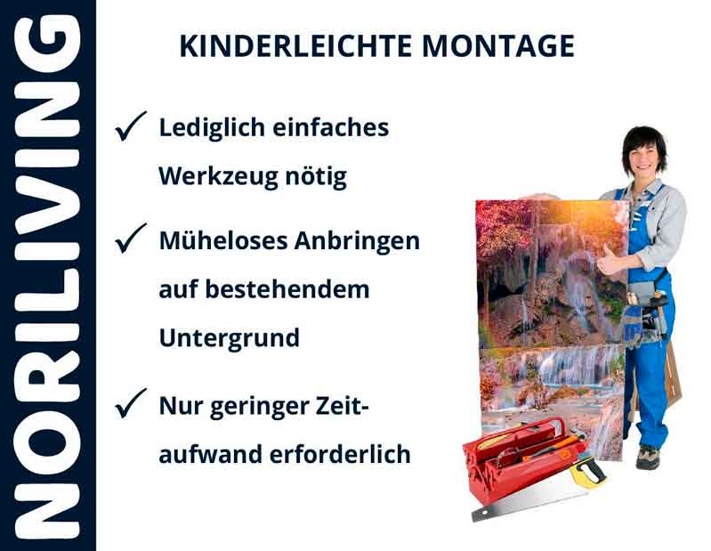 Person zeigt einfache Montage von Wanddeko mit Werkzeug von NORILIVING