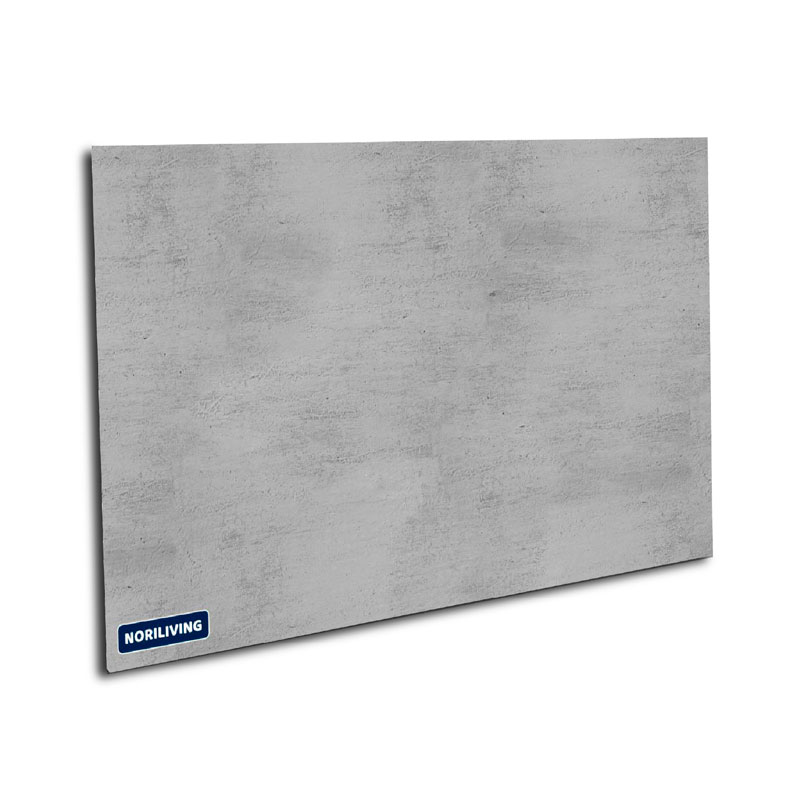 Graue Infrarotheizung im Betonlook, Markenlogo NORILIVING in der Ecke
