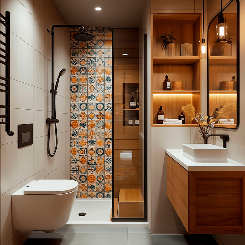 Modernes Badezimmer mit stilvollen Fliesen und Holzdekor Elegantes Badezimmer mit bunter Duschwand, Waschbecken und Holzschränken