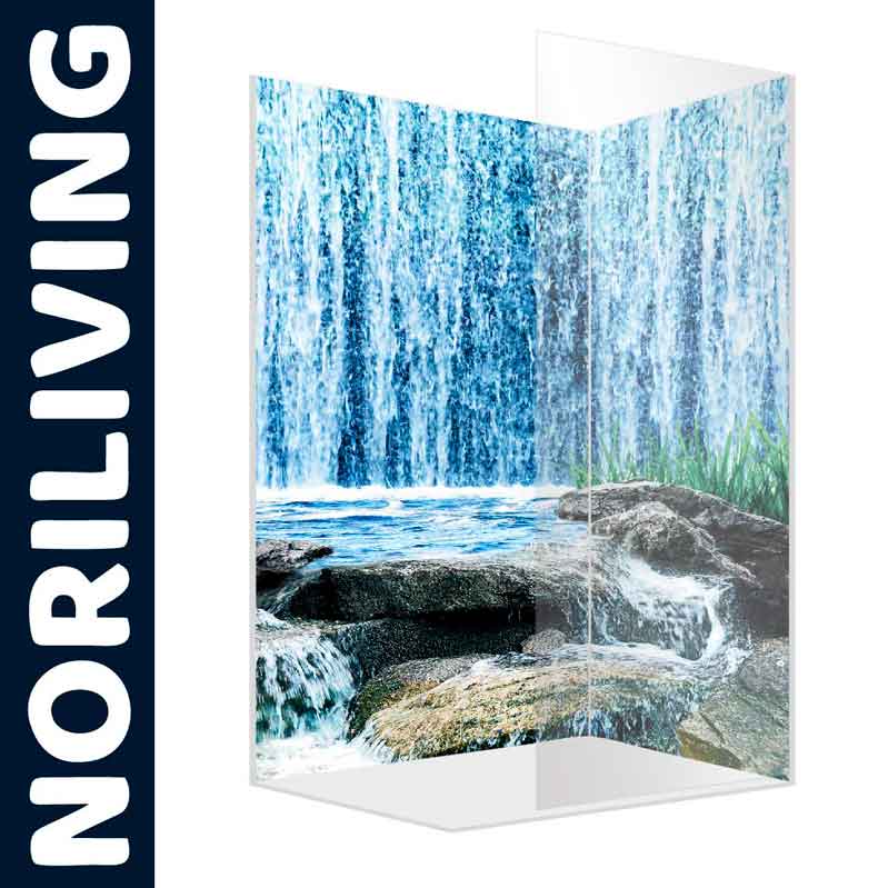 Dekorative Glas-Duschwand mit natürlichem Wasserfall-Motiv von NORILIVING, ideal für Badezimmer