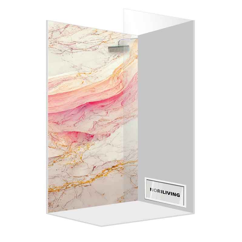 Elegante Duschkabine mit rosa und goldfarbenem Marmor-Design