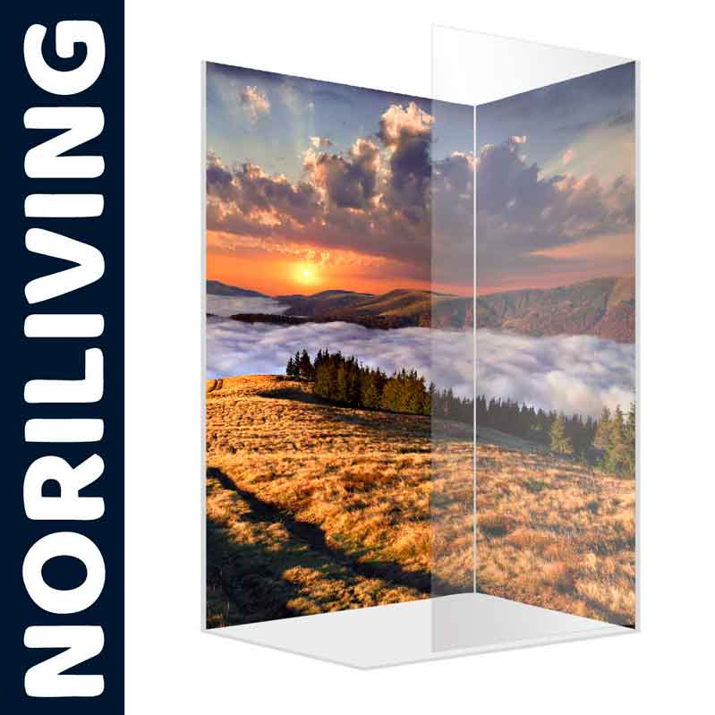 Noriliving Duschwand mit Landschaftsmotiv bei Sonnenuntergang Duschwand von Noriliving mit einem malerischen Sonnenuntergang über einer hügeligen Landschaft