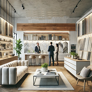 Ein eleganter Showroom mit modernen Möbeln und Dekorationen, in dem zwei Personen mit einem Verkäufer im Gespräch sind.
