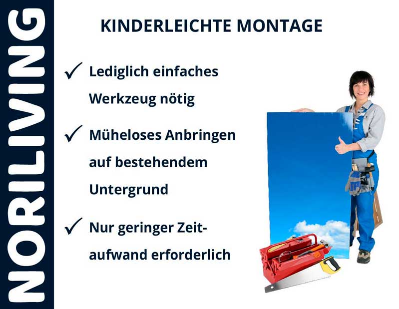 NORILIVING-Poster mit Text: Kinderleichte Montage, nur einfaches Werkzeug nötig, müheloses Anbringen auf bestehendem Untergrund, geringer Zeitaufwand. Person hält Tafeln mit Wolkenmotiv.
