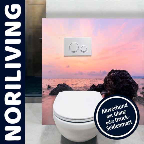 Toilette mit Wandverkleidung in Sonnenuntergangsdesign von NORILIVING Moderne Toilette mit Wanddesign eines Sonnenuntergangs und NORILIVING-Logo