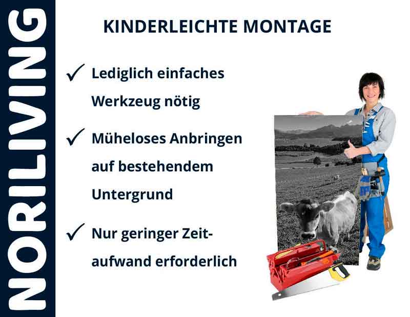 Einfache Montage-Anleitung mit minimalem Werkzeugaufwand Frau in Arbeitskleidung zeigt einfache Montage mit minimalem Werkzeugaufwand für Noriliving-Produkte.