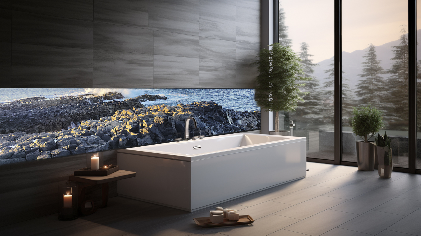 Luxuriöse Badewanne mit Meerblick bei Sonnenuntergang Stilvolles Badezimmer mit großer Badewanne, Kerzen und spektakulärem Meerblick im Abendlicht