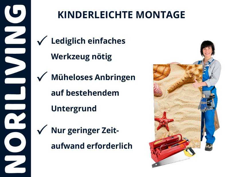 Vorteile der Noriliving Montage: Einfaches Werkzeug, müheloses Anbringen, geringer Zeitaufwand. Person hält montiertes Bild.