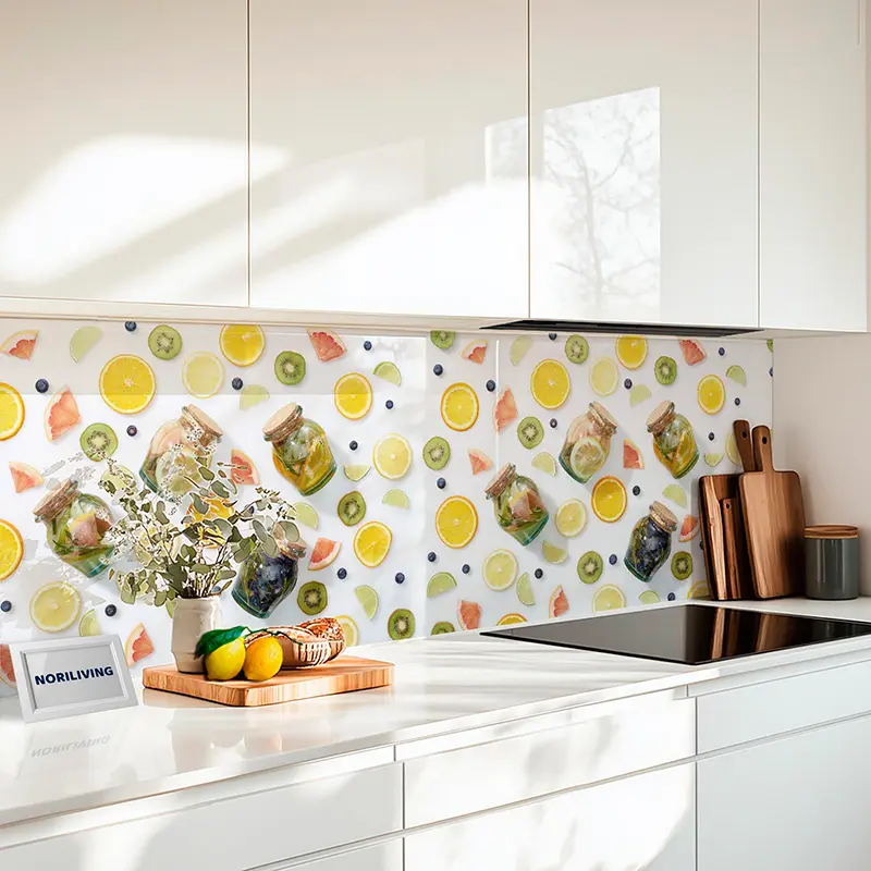 Küchenrückwand Alu Getränke in Gläsern zwischen geschnittenen frischen Früchten 859