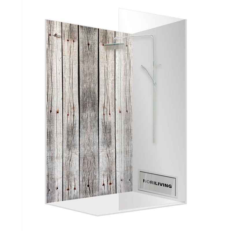 Duschkabine mit Wandverkleidung in Holzoptik und transparentem Glas