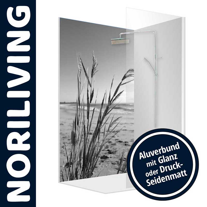 Design-Duschtrennwand mit Küstenmotiv von NORILIVING Duschtrennwand aus Aluverbund mit einem stilvollen Küstenmotiv, erhältlich in Glanz oder Druck-Seidenmatt von NORILIVING