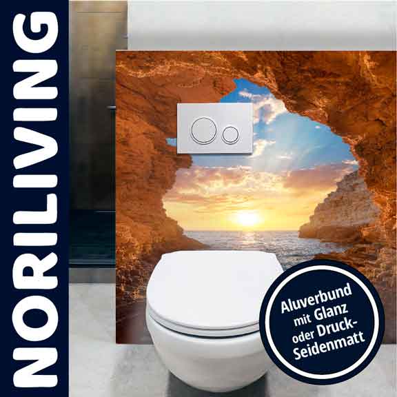 Badezimmer-Toilettenrückwand mit Sonnenuntergangsmotiv in einer Felslandschaft, Aluverbund mit Glanz oder Druck-Seidenmatt