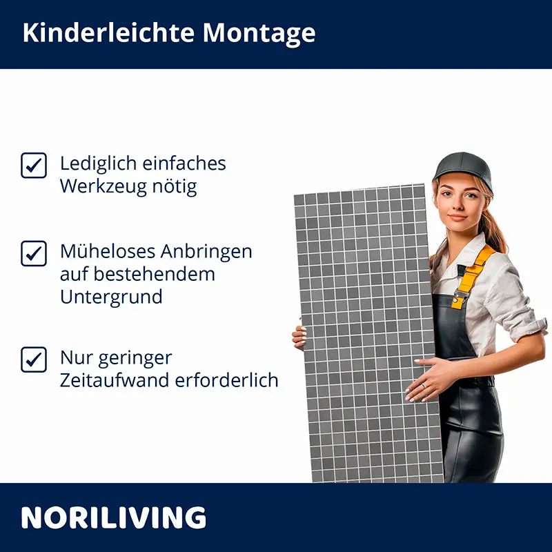 Frau mit Montagepaneel zeigt einfache Montage