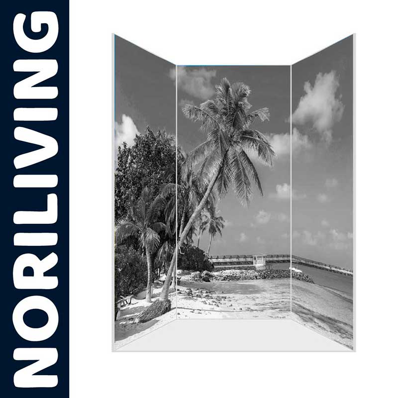 Paravent mit Palmen-Strandmotiv von Noriliving Schwarz-weißer Paravent mit einem Bild von Palmen und Strand, hergestellt von Noriliving