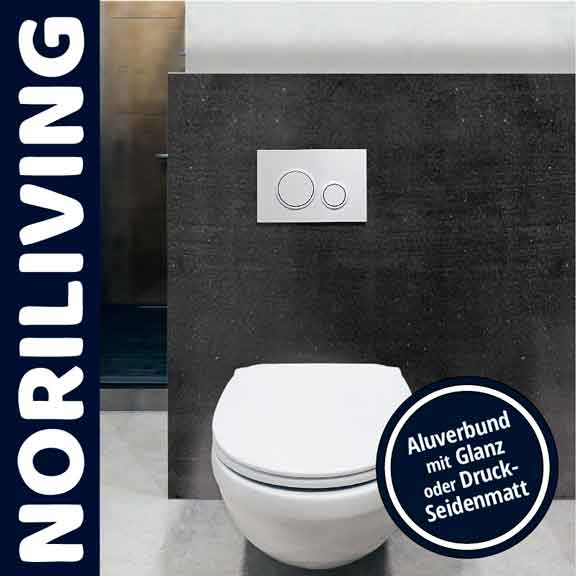 Modernes WC-Design von Noriliving mit eleganter Aluverbundplatte Toilette mit schwarzer Aluverbundrückwand, glänzend oder seidenmatt erhältlich, von Noriliving