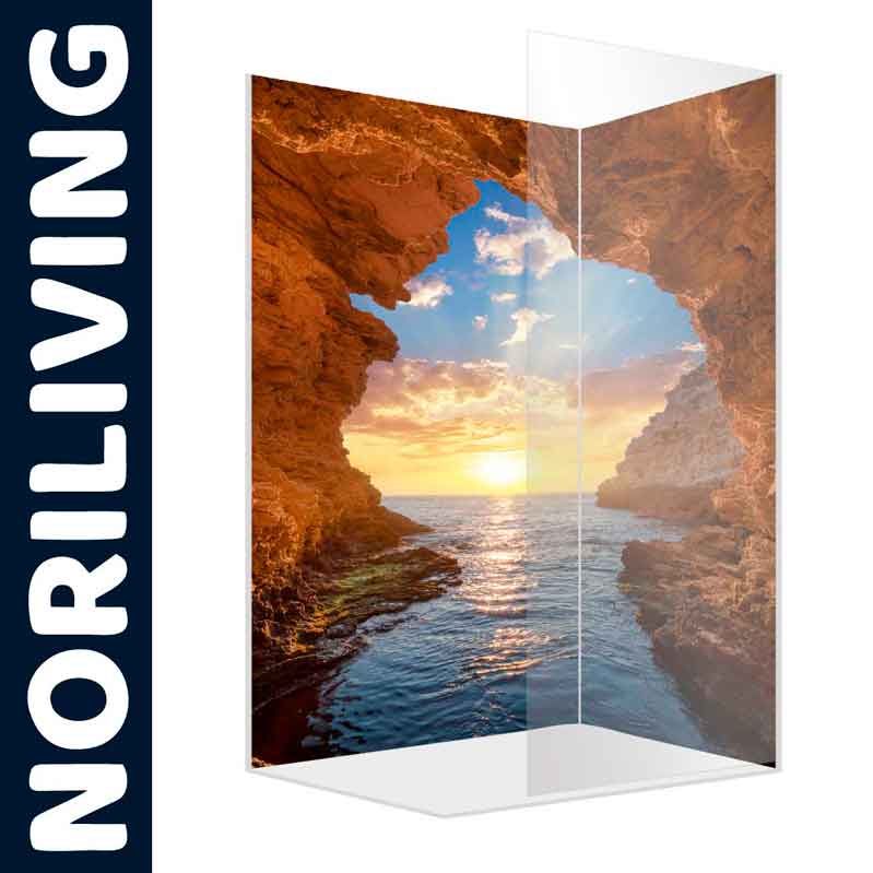 Duschwand mit Sonnenuntergangs-Motiv im Felsenmeer, NORILIVING Duschwand von NORILIVING mit einem Bild von einem Sonnenuntergang über dem Meer, eingerahmt von Felsen