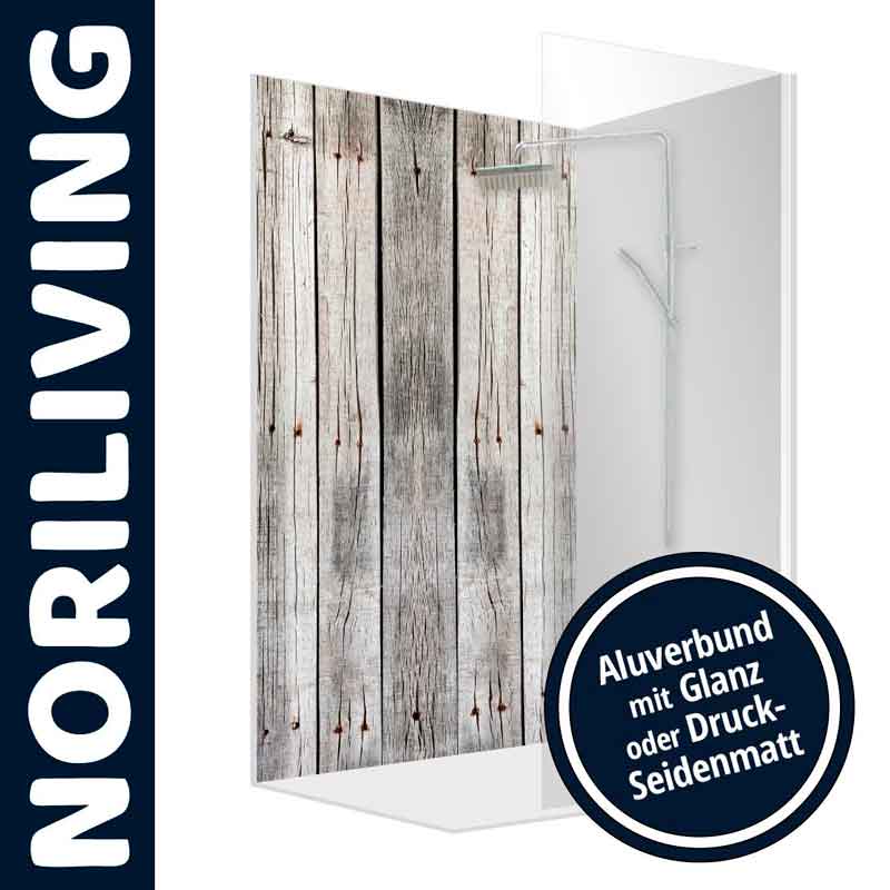 Duschwand von NoriLiving in Holzoptik, Aluverbund mit Glanz oder Druck-Seidenmatt Option
