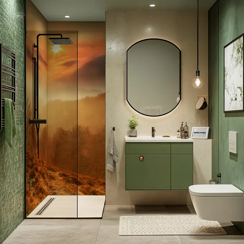 Walk-in Dusche mit Sonnenaufgang-Motiv und Rundspiegel