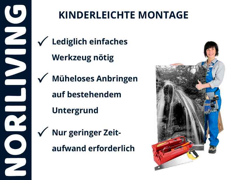 Plakat mit Text zur leichten Montage; Frau mit Werkzeugkiste und Fotodruck