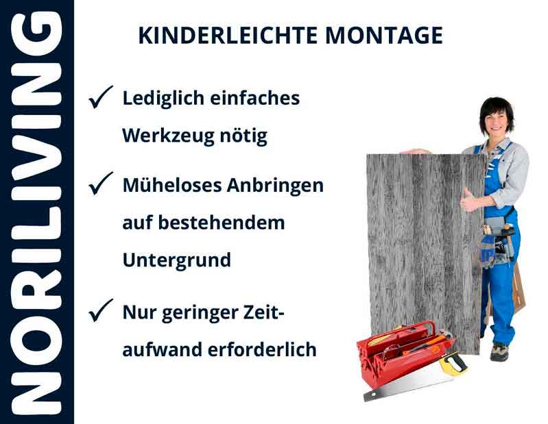 Handwerkerin zeigt einfache Montage von Wandverkleidungen mit geringem Werkzeugaufwand.