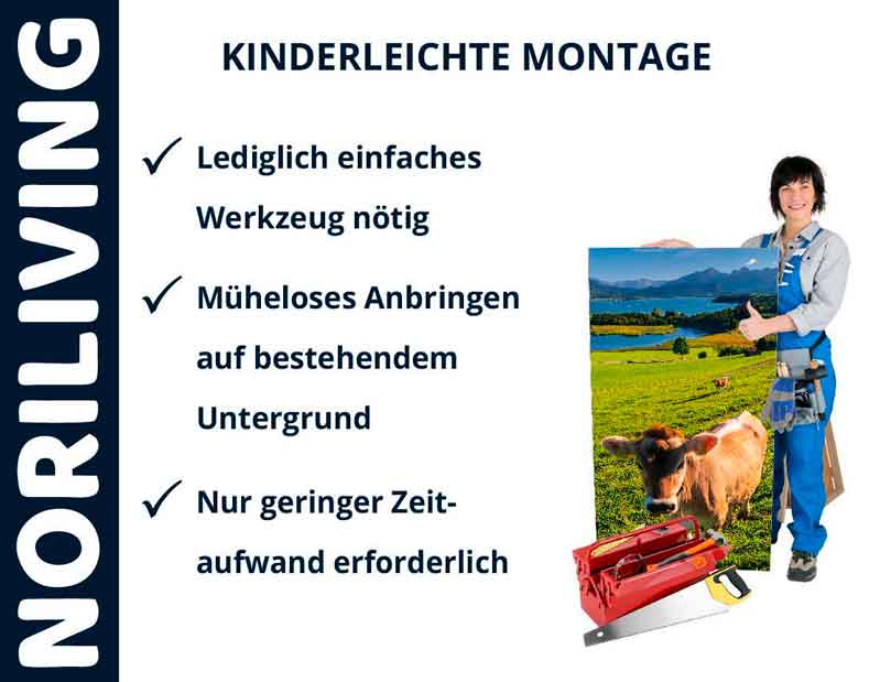 Frau hält Bild mit Landschaft und Kuh; Text: kinderleichte Montage, einfaches Werkzeug, mühelos anbringen, geringer Zeitaufwand; Noriliving Schriftzug