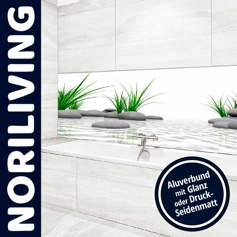 Modernes Badezimmer mit glänzenden Aluverbundplatten und Steindekor