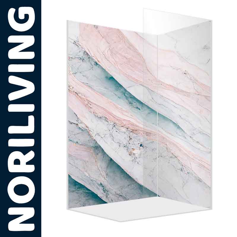 Elegante Duschabtrennung mit rosa und blauen Marmor-Mustern von der Marke Noriliving