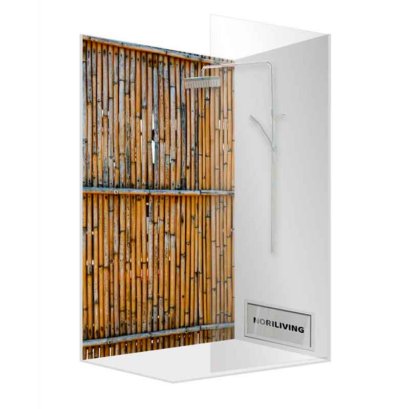 Elegante Duschkabine mit integrierter Bambuswand und metallischem Duschkopf, modernes Design von NORILIVING