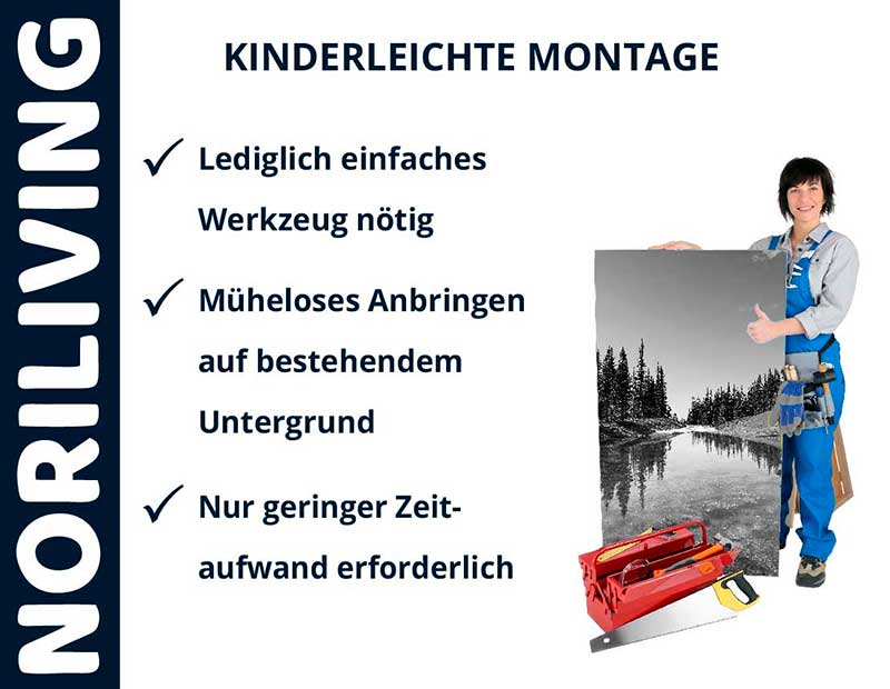 Einfache Montage von Noriliving Wandbildern Person zeigt kinderleichte Montage eines Noriliving Wandbildes mit minimalem Werkzeugbedarf.