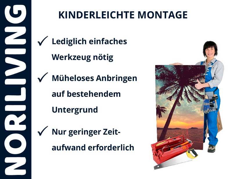 Person steht neben einem großen Bild mit Sonnenuntergang und Palmen, Werkzeuge und Montagehinweise im Vordergrund