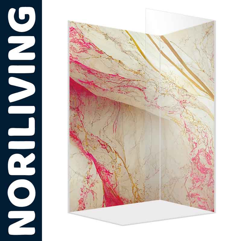 Raumtrenner mit Marmor-Optik in Rosa und Goldtönen auf Glas