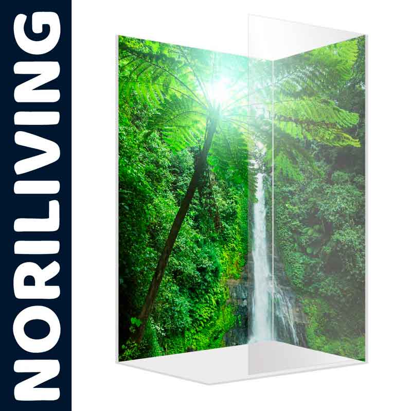 Dekorative Duschwand mit Tropenwald-Motiv Duschwand mit Bild eines grünen Tropenwaldes und eines Wasserfalls
