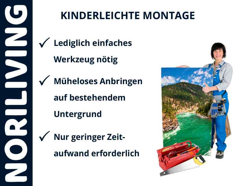 Noriliving Produktpräsentation: Frau zeigt kinderleichte Montage mit minimalem Werkzeug und Aufwand