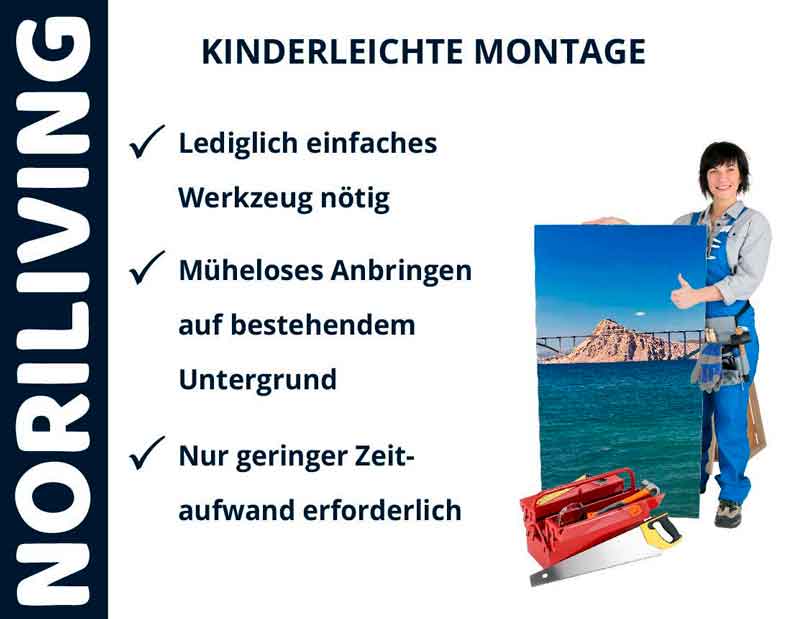 Einfache und schnelle Montage mit Noriliving-Produkten Frau präsentiert unkomplizierte Montageanleitung von Noriliving, benötigt nur einfaches Werkzeug und geringen Zeitaufwand.