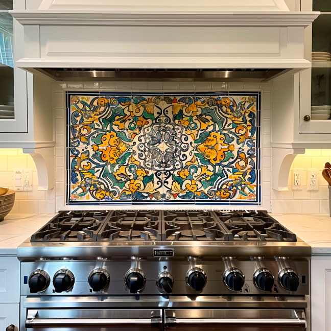Küchenherd mit kunstvoller Fliesendekoration Ein moderner Küchenherd mit farbenfrohem Fliesenrückwandmuster, das kunstvoll gestaltet ist und den Herdbereich schmückt.