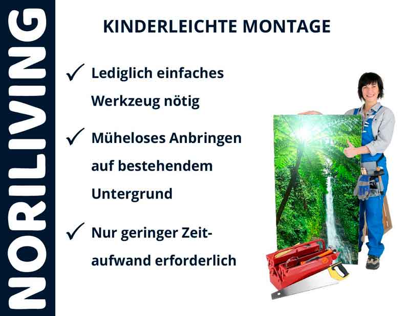 NORI LIVING - Einfacher Montageservice für Wandbilder Frau mit Werkzeug und Wandbild in der Hand, einfache Montagehinweise von NORI LIVING