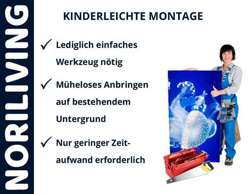 Montage-Werbung mit Checkliste: Einfaches Werkzeug nötig, müheloses Anbringen, geringer Zeitaufwand. Person mit Werkzeugkoffer und Bild.