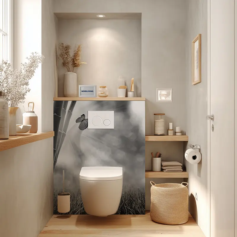 Toilettenrückwand Alu Wiese mit Bambus und Schmetterling 461 schwarz-weiß