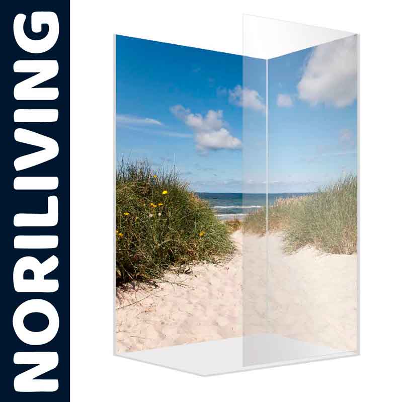 Duschwand mit Strandmotiv und blauem Himmel, Noriliving-Design