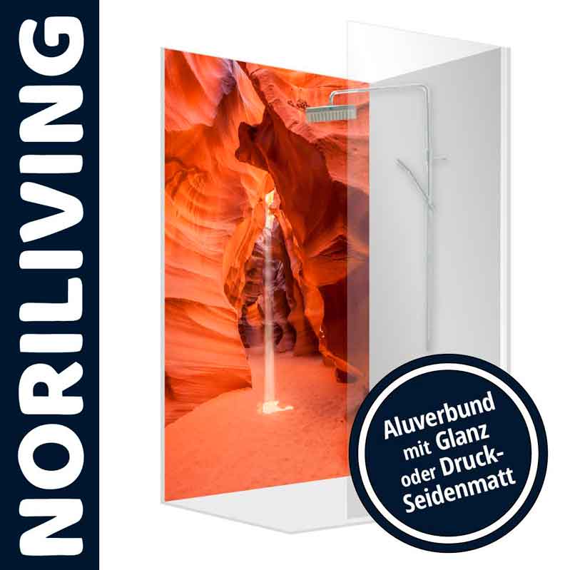 Dekorative Duschrückwand mit Canyon-Motiv in Aluverbund Duschwanddesign mit Antelope-Canyon-Motiv, erhältlich in Glanz oder Druck-Seidenmatt von Noriliving