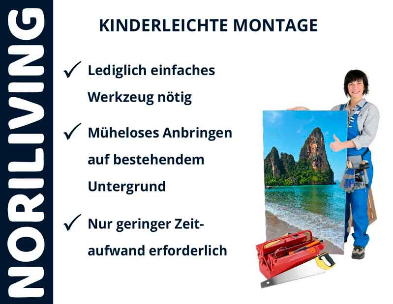 NORILIVING kinderleichte Montage mit einfachem Werkzeug Person mit Bild und Werkzeugkoffer, kinderleichte Montage von NORILIVING Produkten